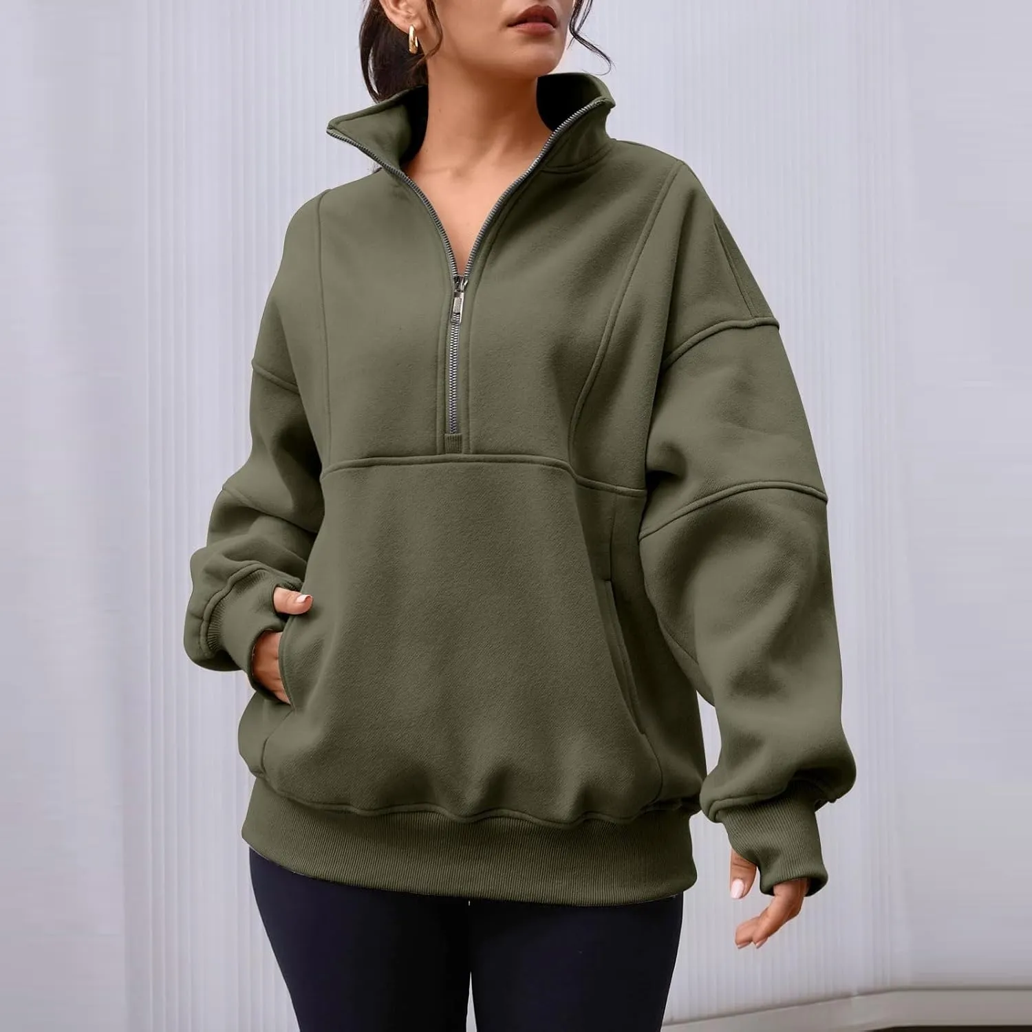 Half Zip Pullover Women Oversized Crewneck Sweatshirts with Pockets Loose Fit Thumb Hole Long Sleeve Sweaters