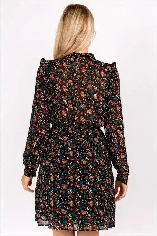 Harper Floral Ruffle Fit & Flare Tie-Neck Dress