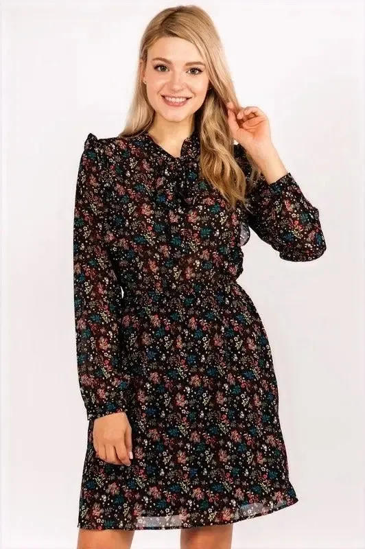 Harper Floral Ruffle Fit & Flare Tie-Neck Dress