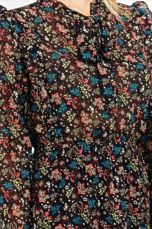 Harper Floral Ruffle Fit & Flare Tie-Neck Dress