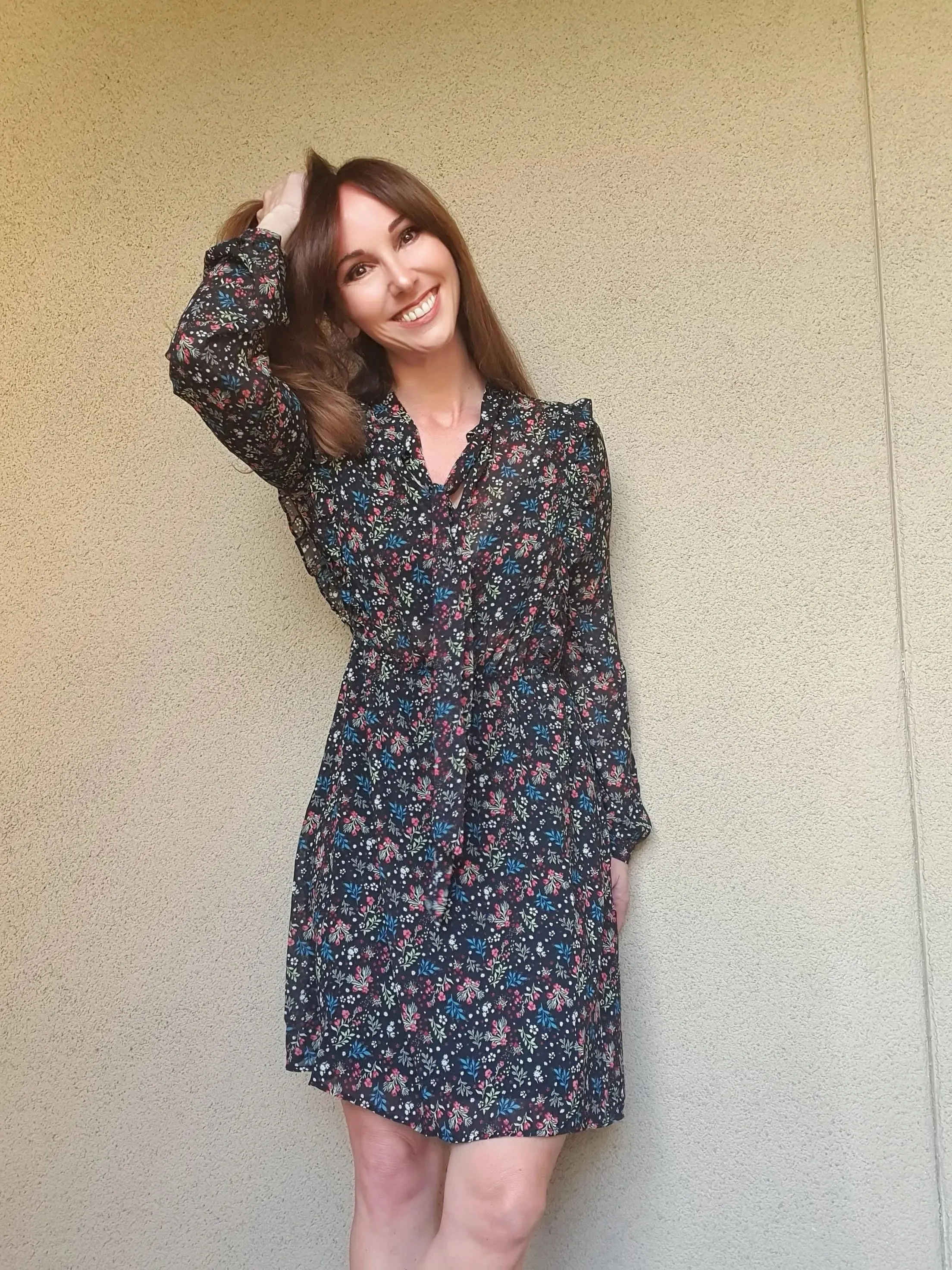 Harper Floral Ruffle Fit & Flare Tie-Neck Dress
