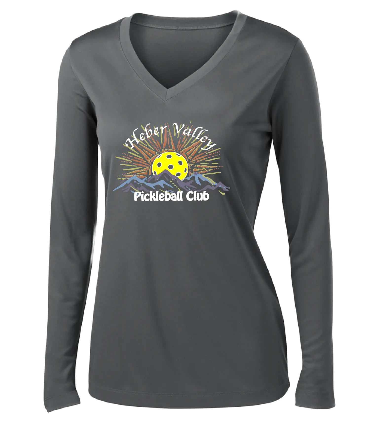Heber Valley Pickleball Club (Large) | Women's Long Sleeve V-Neck Pickleball Shirts | 100% Polyester