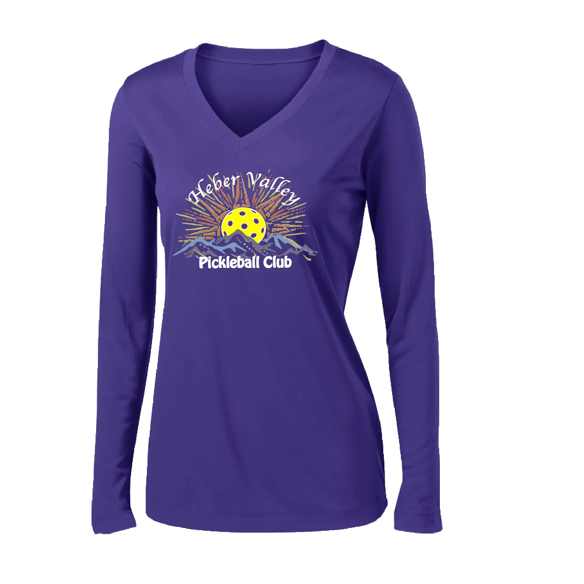 Heber Valley Pickleball Club (Large) | Women's Long Sleeve V-Neck Pickleball Shirts | 100% Polyester