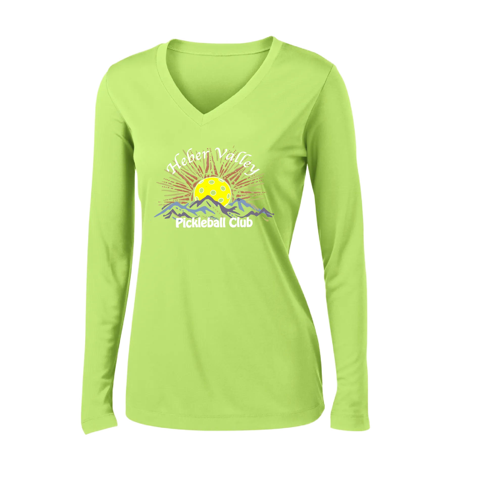 Heber Valley Pickleball Club (Large) | Women's Long Sleeve V-Neck Pickleball Shirts | 100% Polyester