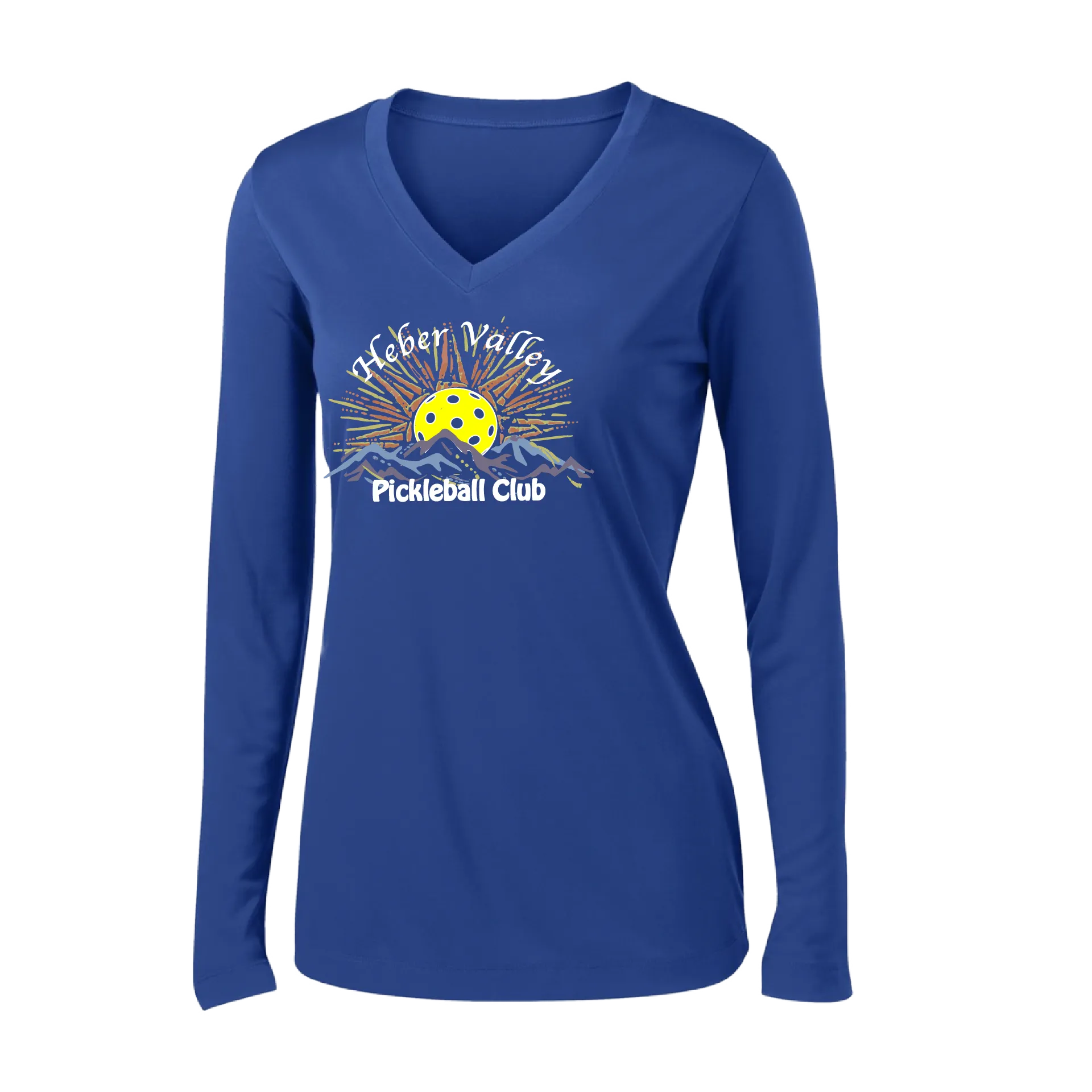 Heber Valley Pickleball Club (Large) | Women's Long Sleeve V-Neck Pickleball Shirts | 100% Polyester