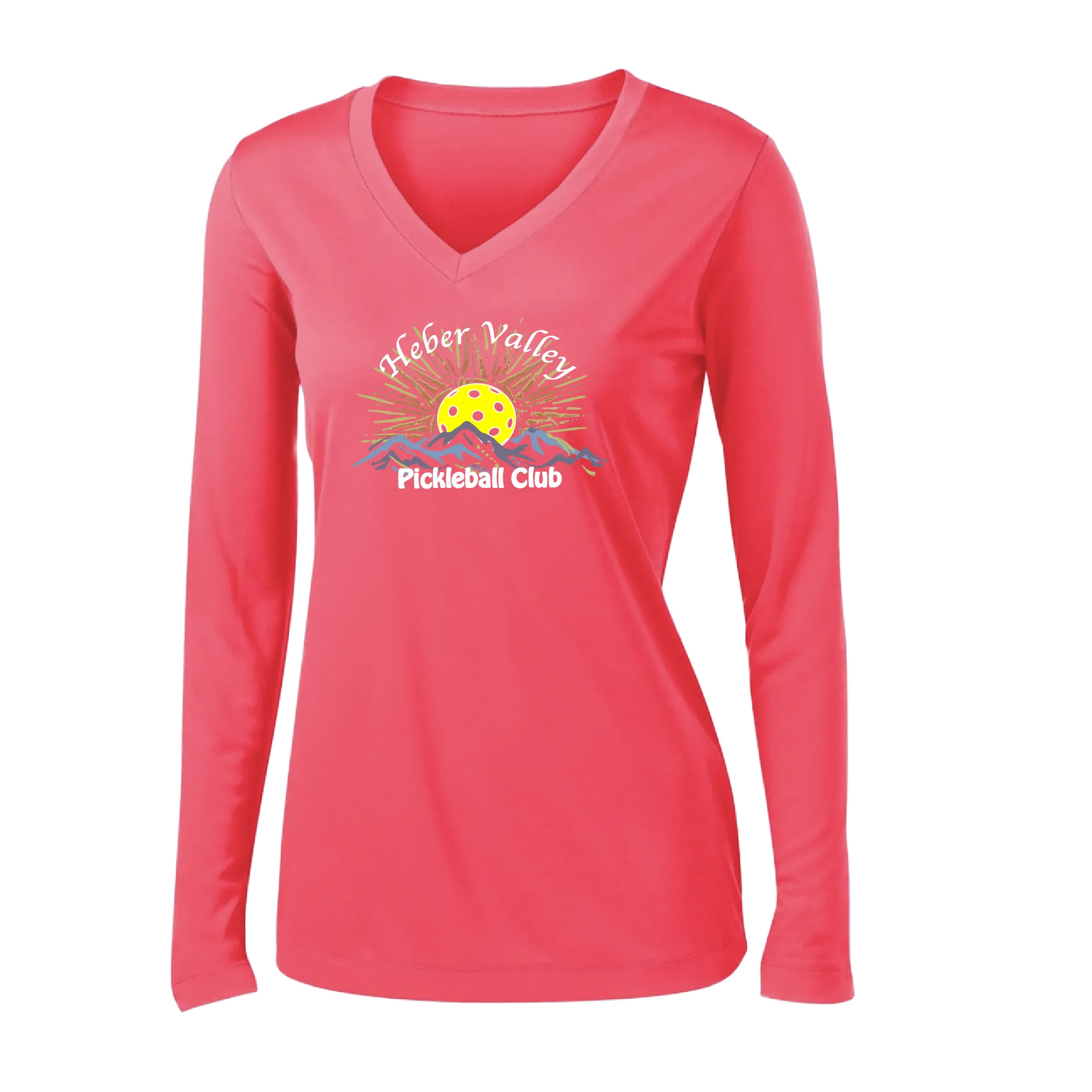 Heber Valley Pickleball Club (Large) | Women's Long Sleeve V-Neck Pickleball Shirts | 100% Polyester