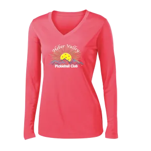 Heber Valley Pickleball Club (Large) | Women's Long Sleeve V-Neck Pickleball Shirts | 100% Polyester