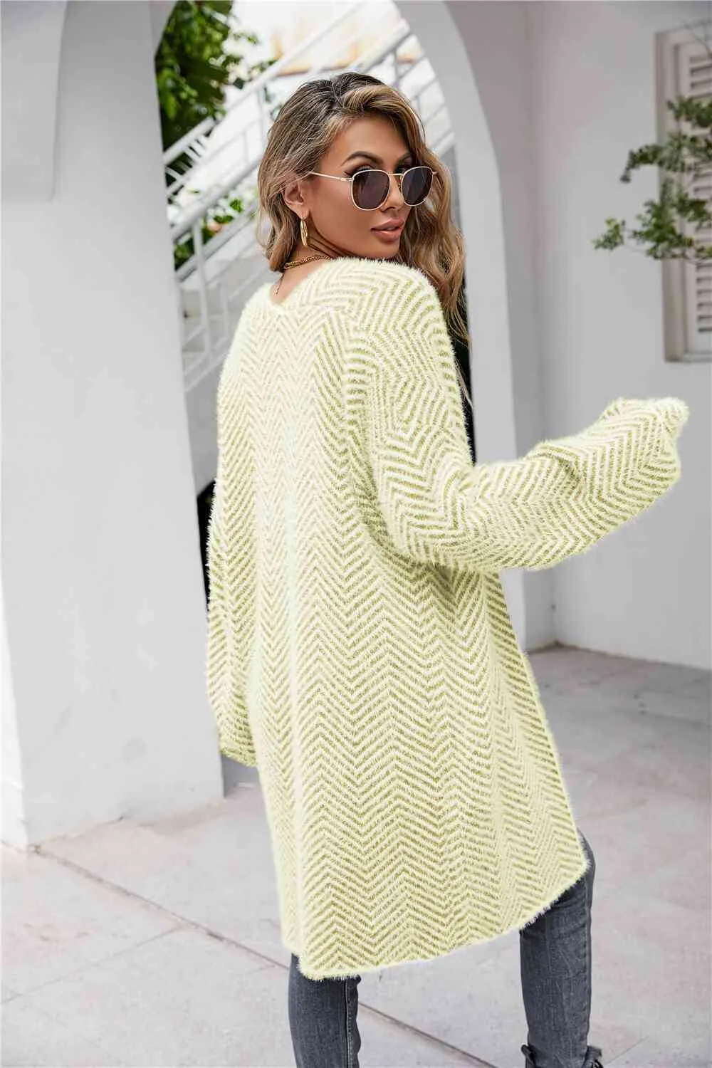 Herringbone Pattern Open Front Longline Fuzzy Cardigan