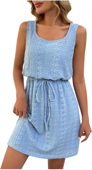 hlysgo Women Petite Sundress Summer Hollow Out Sleeveless Square Neck Beach Dresses Drawstring Waist Mini Dress for Vacation