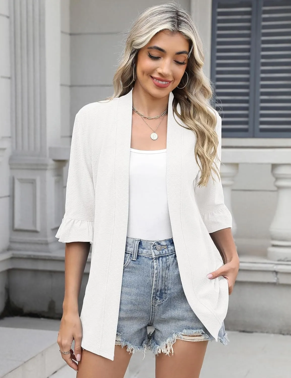 IECCP Womens Lightweight Cardigan 3/4 Sleeve Open Front Cozy Ruffles Sleeve Thin Cardigans Jacket