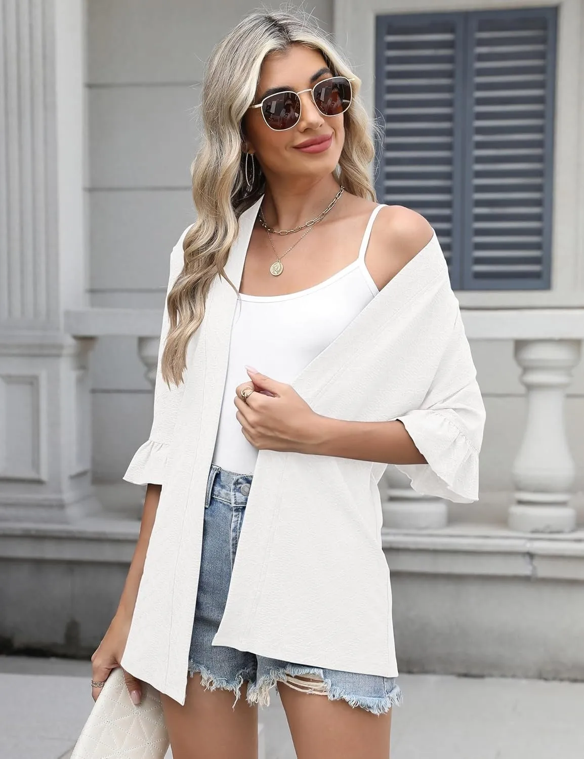 IECCP Womens Lightweight Cardigan 3/4 Sleeve Open Front Cozy Ruffles Sleeve Thin Cardigans Jacket