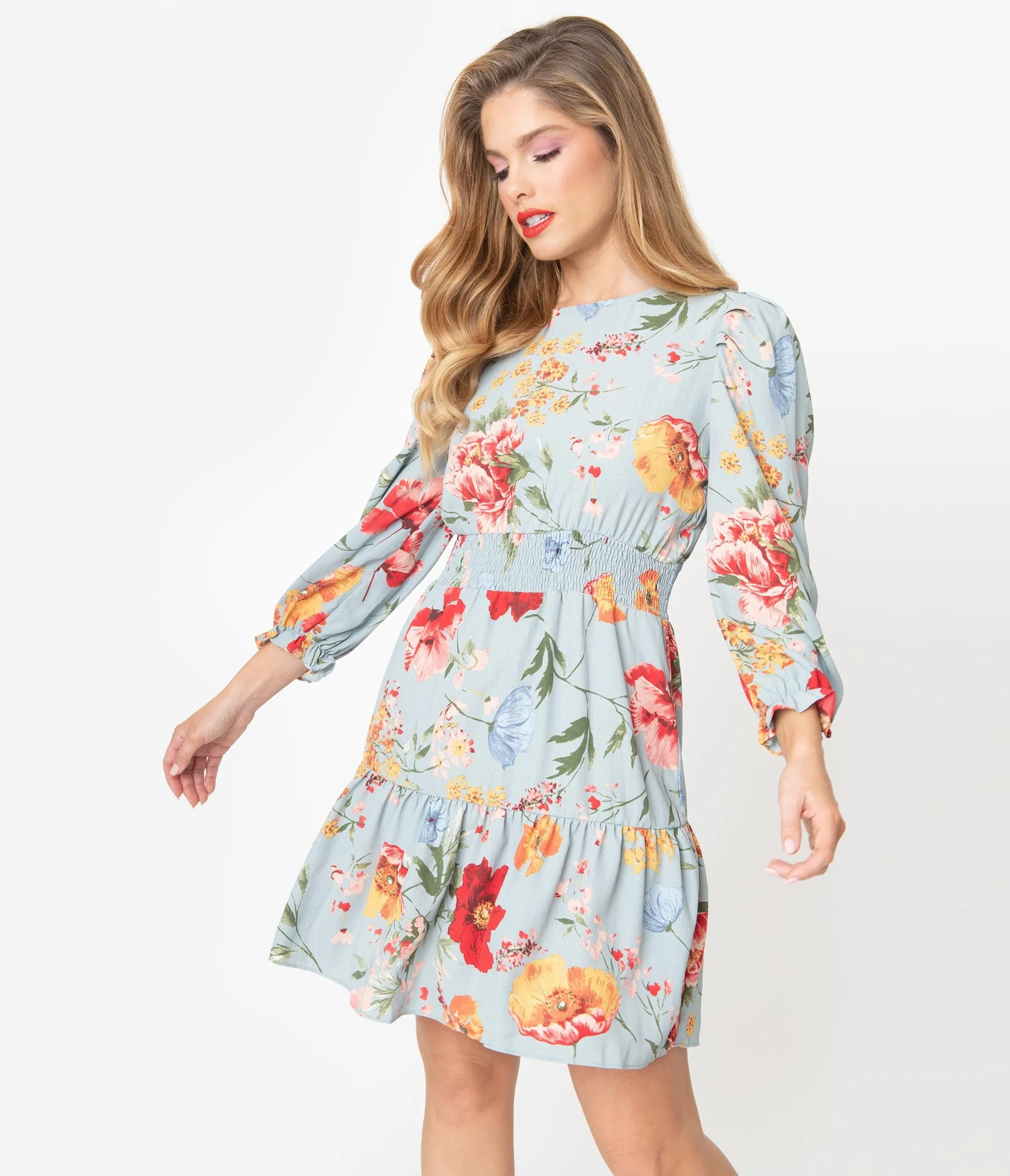 Light Blue Floral Print Long Sleeve Mini Dress
