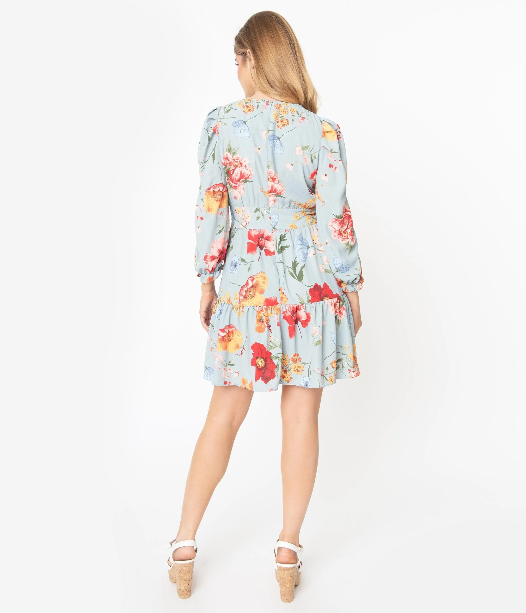 Light Blue Floral Print Long Sleeve Mini Dress