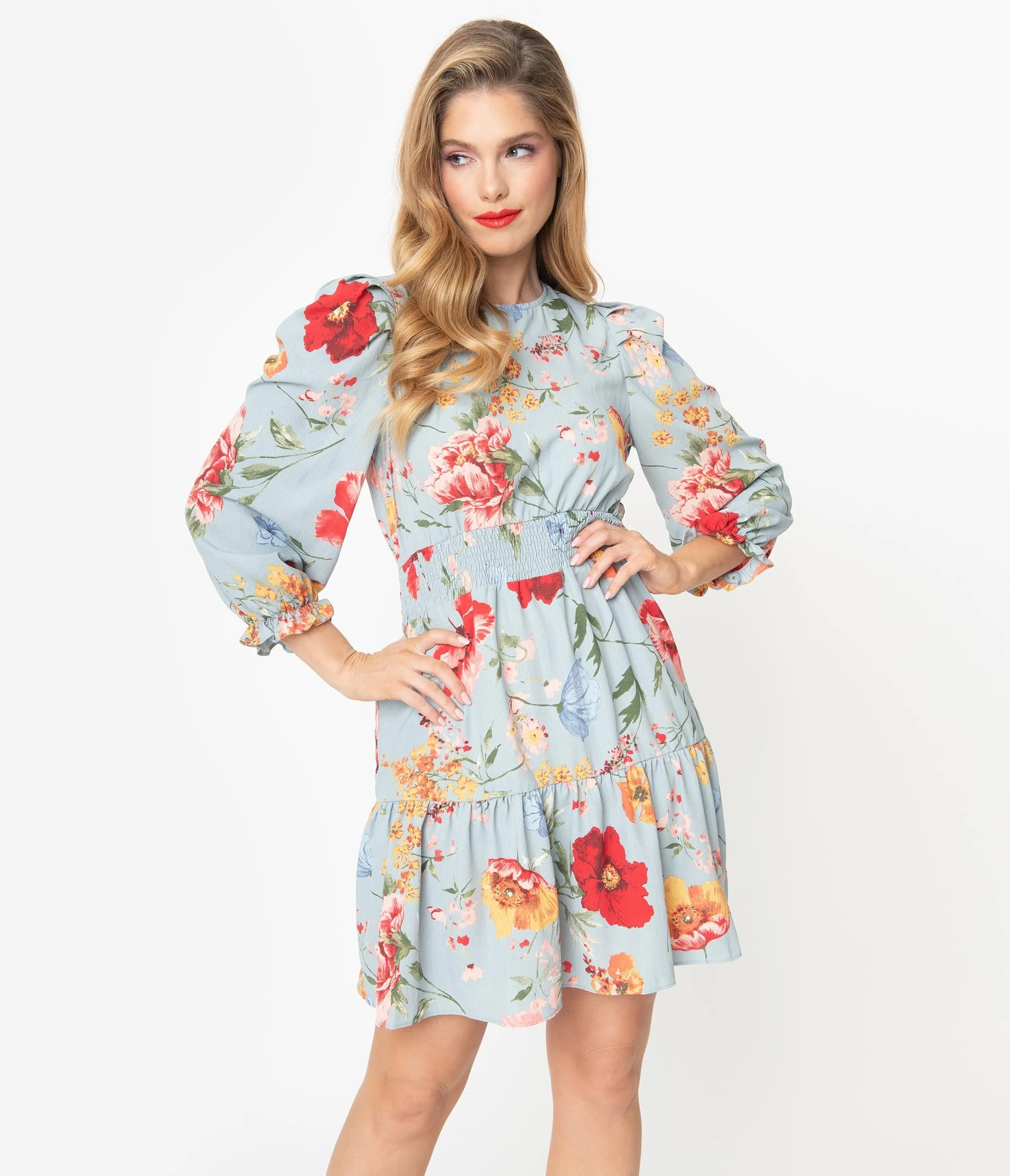 Light Blue Floral Print Long Sleeve Mini Dress