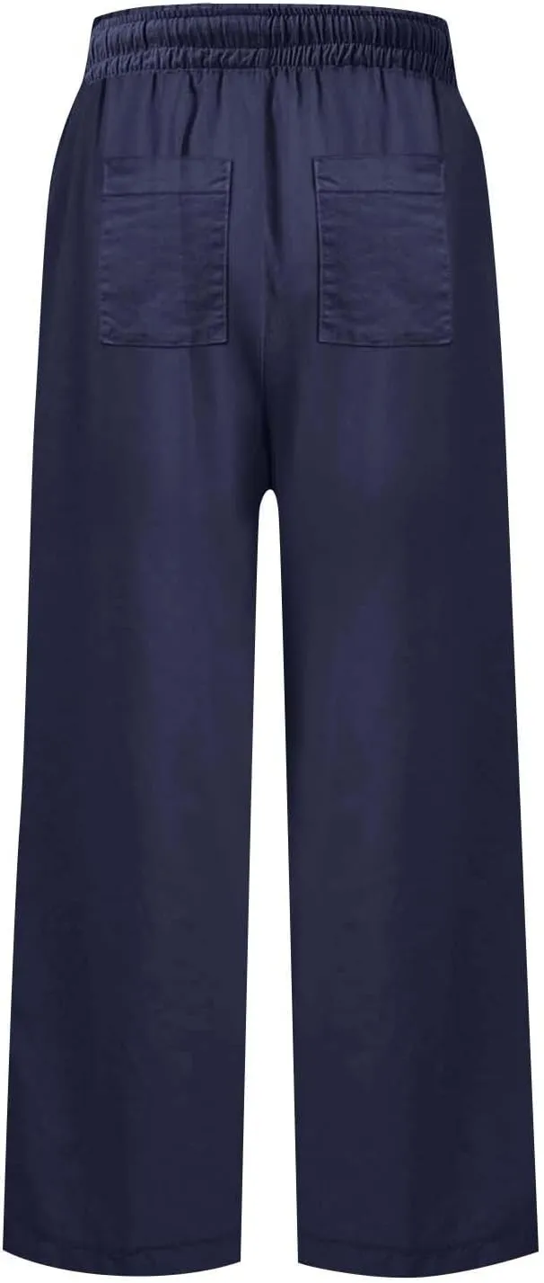 Linen Pants for Women Trendy Summer Elastic High Waisted Palazzo Pants Dressy Casual with Pockets Solid Clothes Baggy