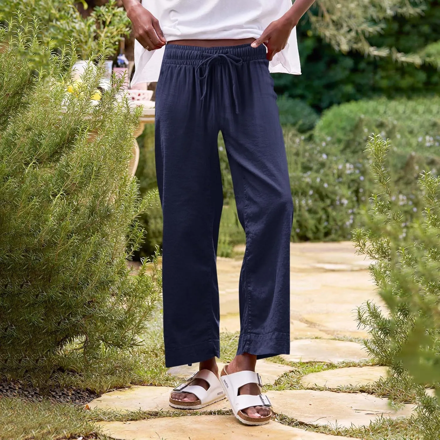 Linen Pants for Women Trendy Summer Elastic High Waisted Palazzo Pants Dressy Casual with Pockets Solid Clothes Baggy