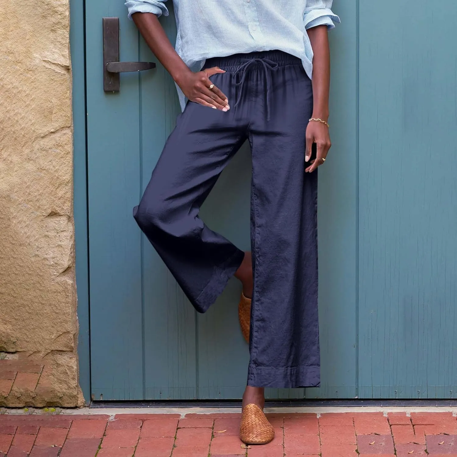 Linen Pants for Women Trendy Summer Elastic High Waisted Palazzo Pants Dressy Casual with Pockets Solid Clothes Baggy