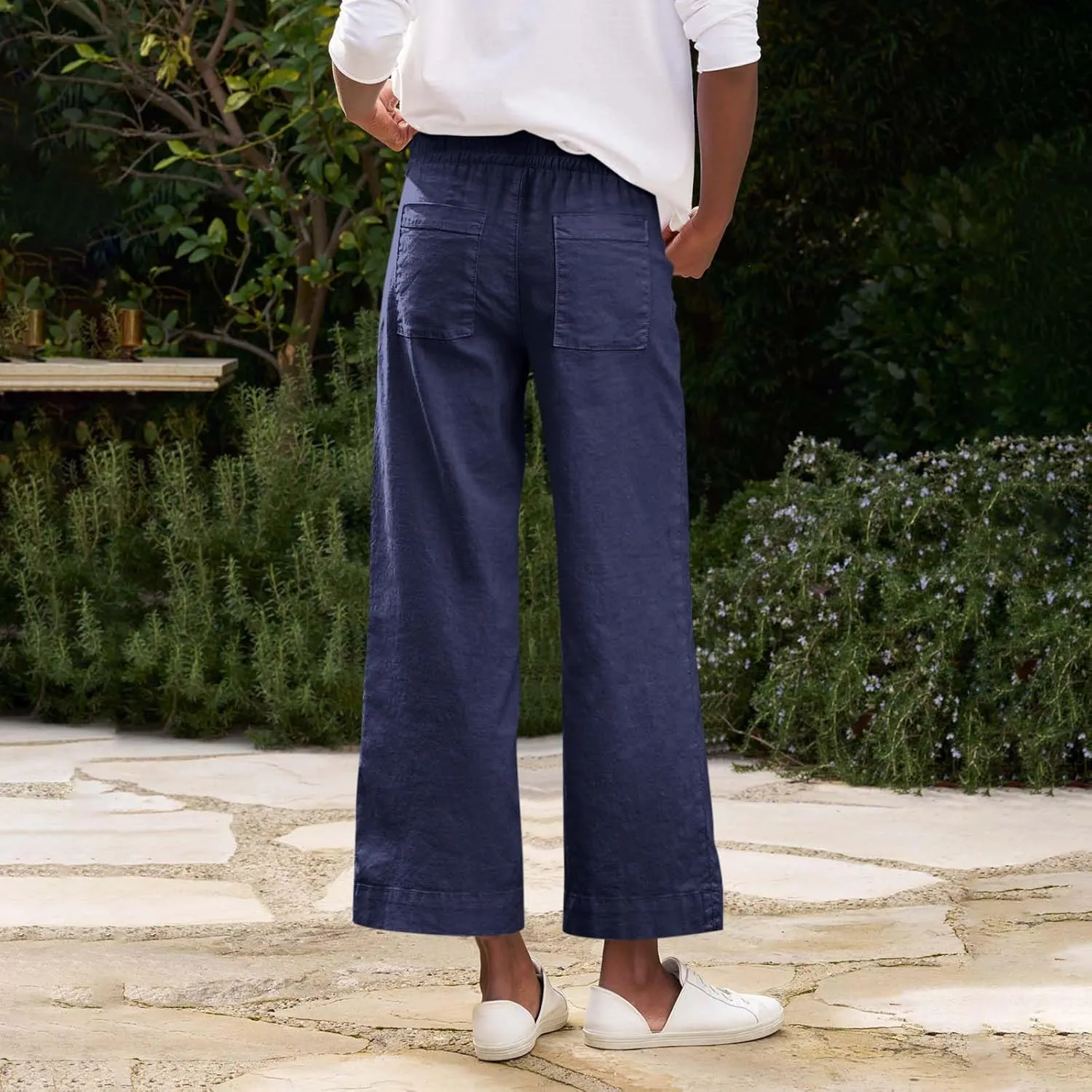 Linen Pants for Women Trendy Summer Elastic High Waisted Palazzo Pants Dressy Casual with Pockets Solid Clothes Baggy