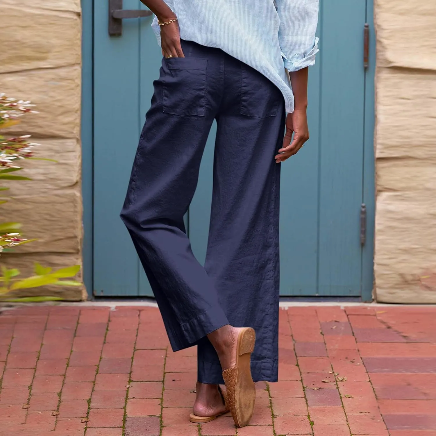 Linen Pants for Women Trendy Summer Elastic High Waisted Palazzo Pants Dressy Casual with Pockets Solid Clothes Baggy