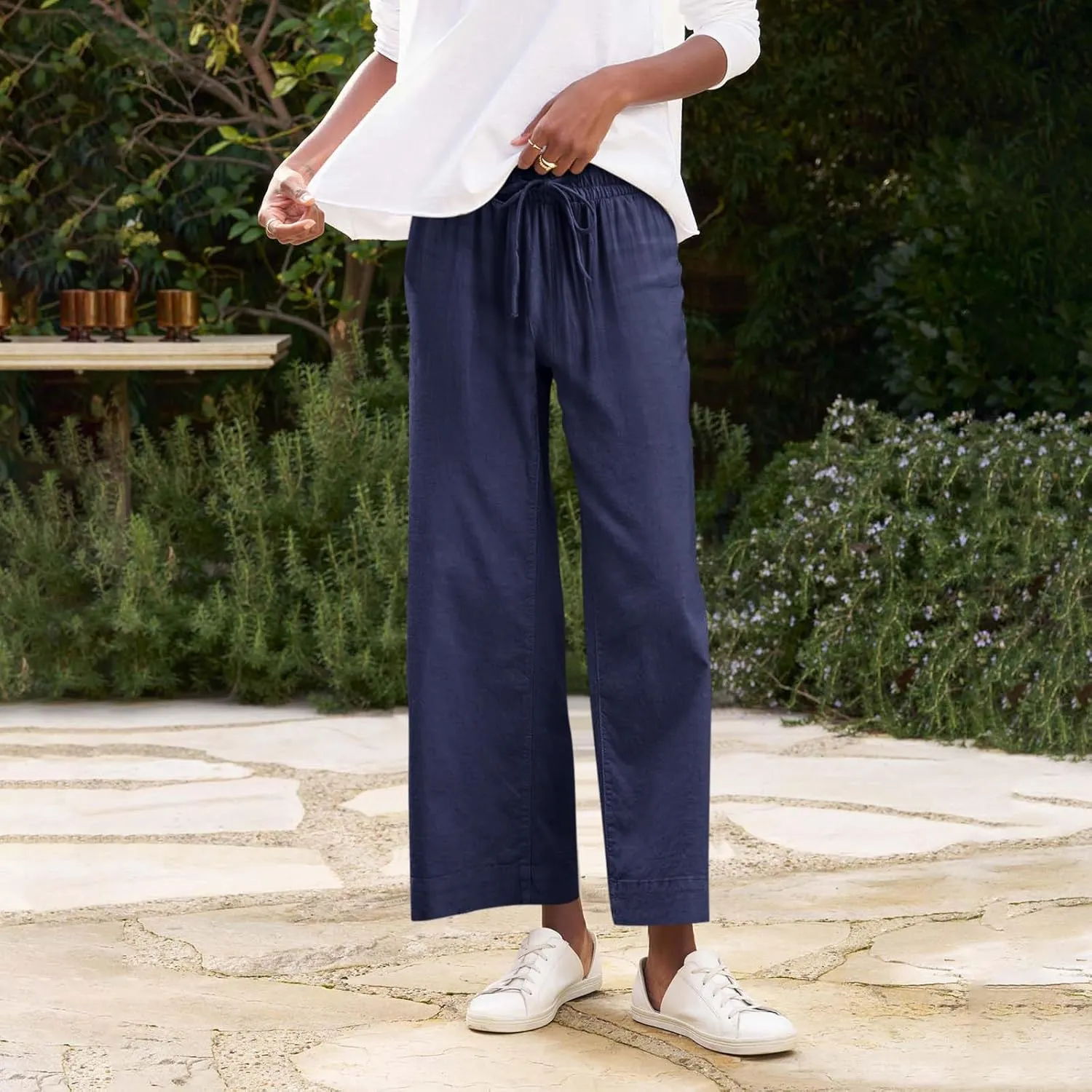 Linen Pants for Women Trendy Summer Elastic High Waisted Palazzo Pants Dressy Casual with Pockets Solid Clothes Baggy