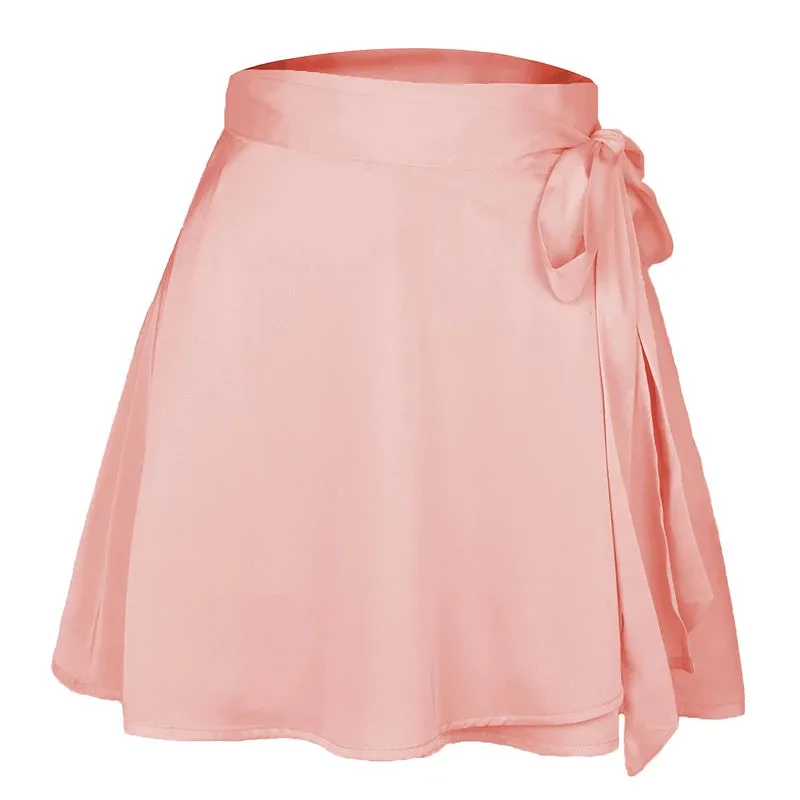 LVSANW Women’s Wrap Satin A-Line Short Skirt Solid Ruffle Elegant Vintage High Waist Lace Up Beach Skirt Suitable For Office Ladies