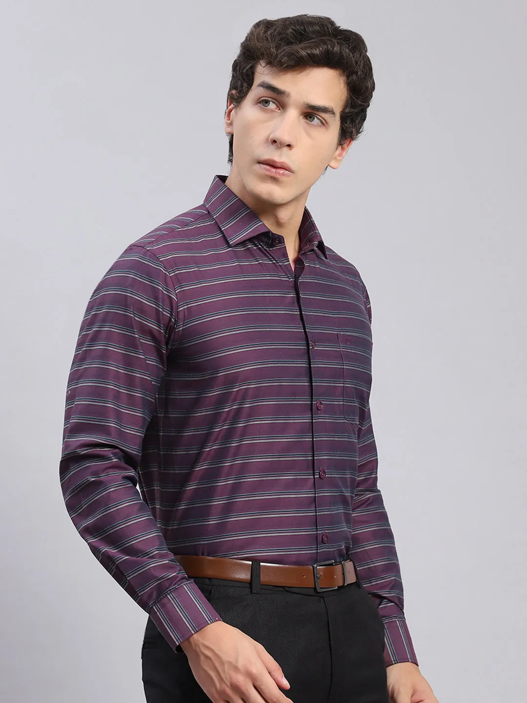 Men Maroon Stripe Spread Collar Full Sleeve Shirts