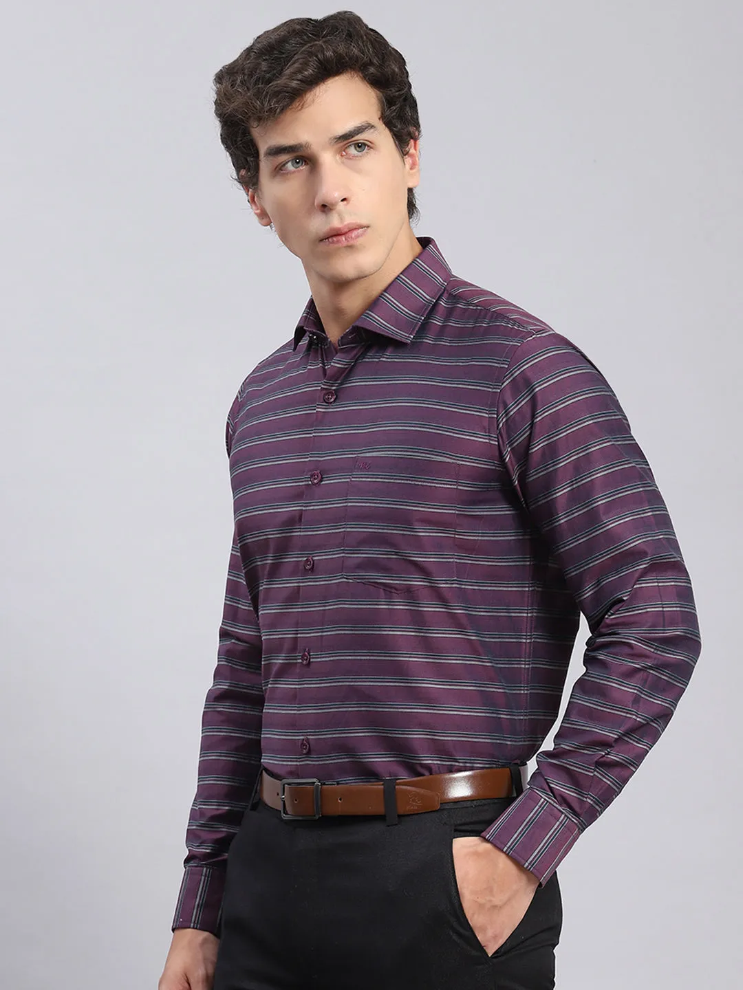 Men Maroon Stripe Spread Collar Full Sleeve Shirts