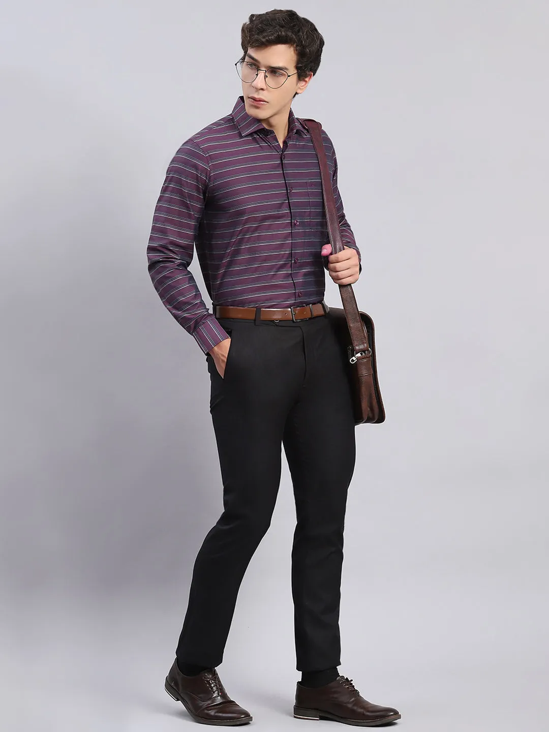 Men Maroon Stripe Spread Collar Full Sleeve Shirts