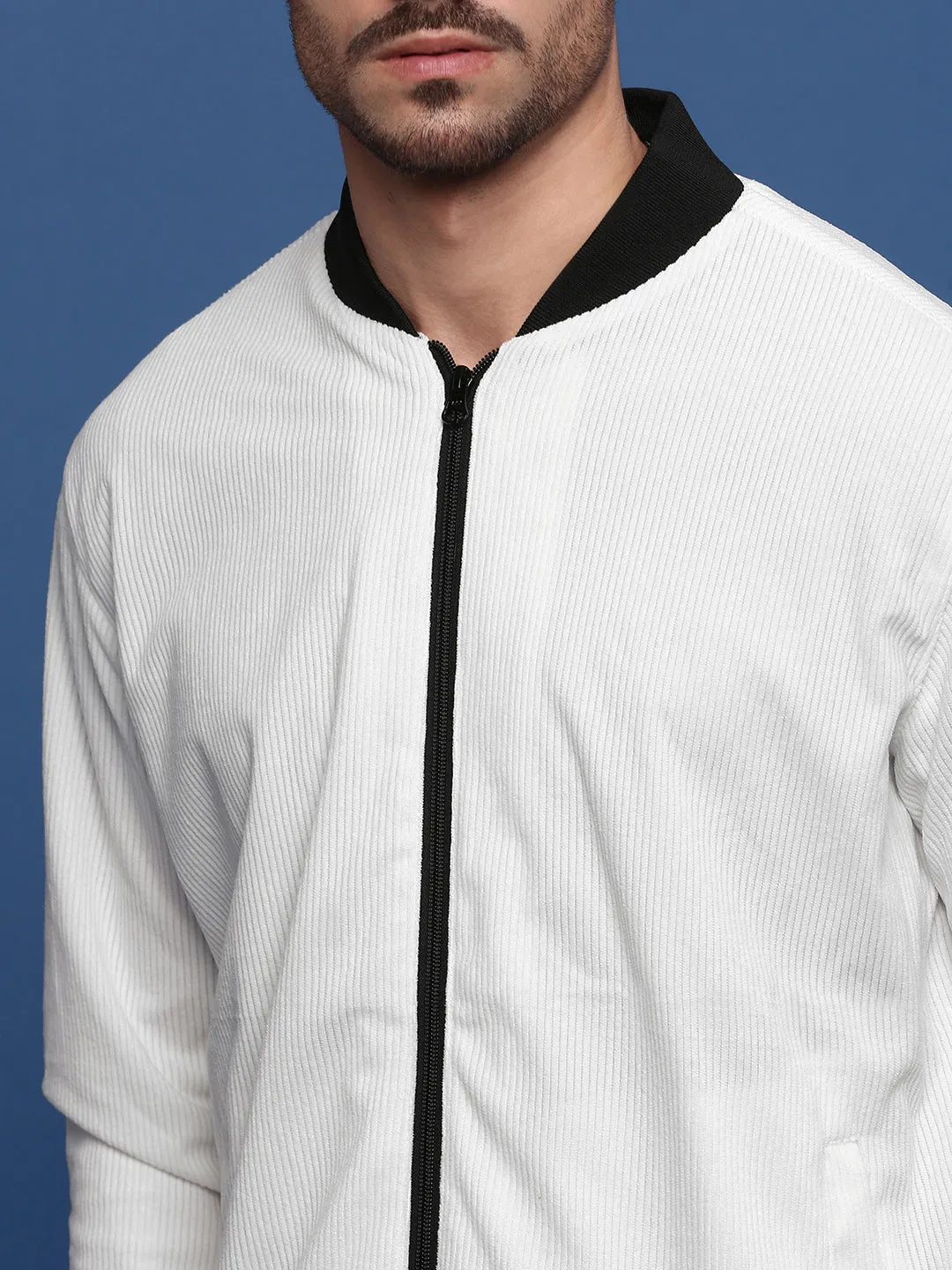 Men White Corduroy Windcheater Bomber Jacket