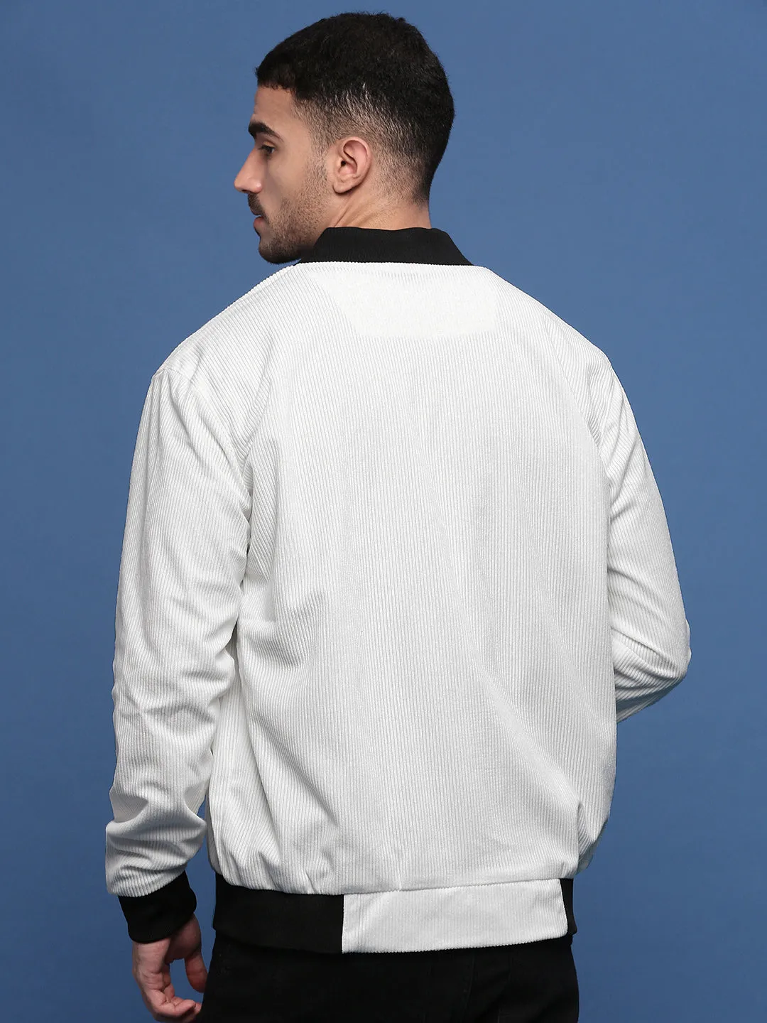Men White Corduroy Windcheater Bomber Jacket