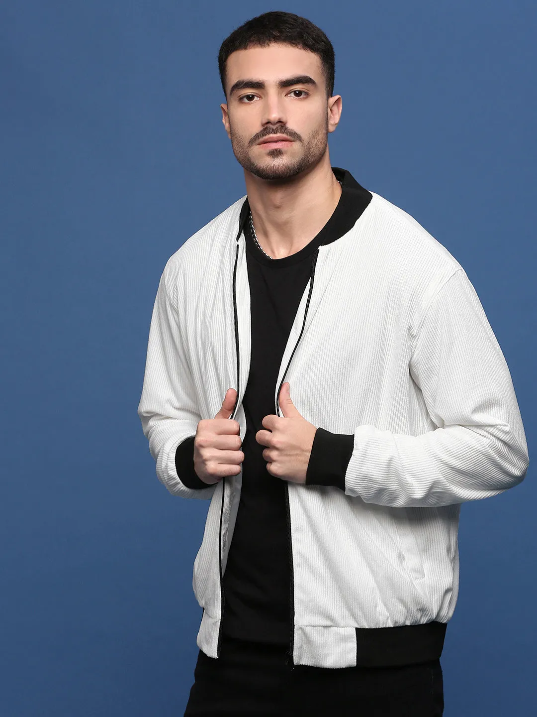 Men White Corduroy Windcheater Bomber Jacket