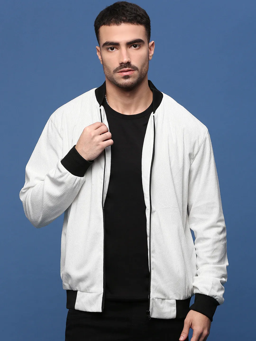 Men White Corduroy Windcheater Bomber Jacket