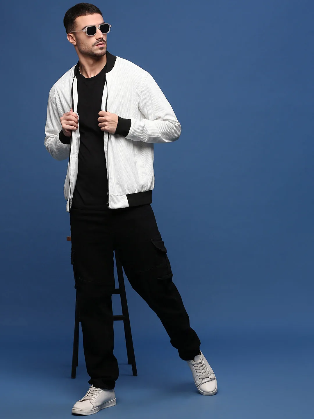 Men White Corduroy Windcheater Bomber Jacket