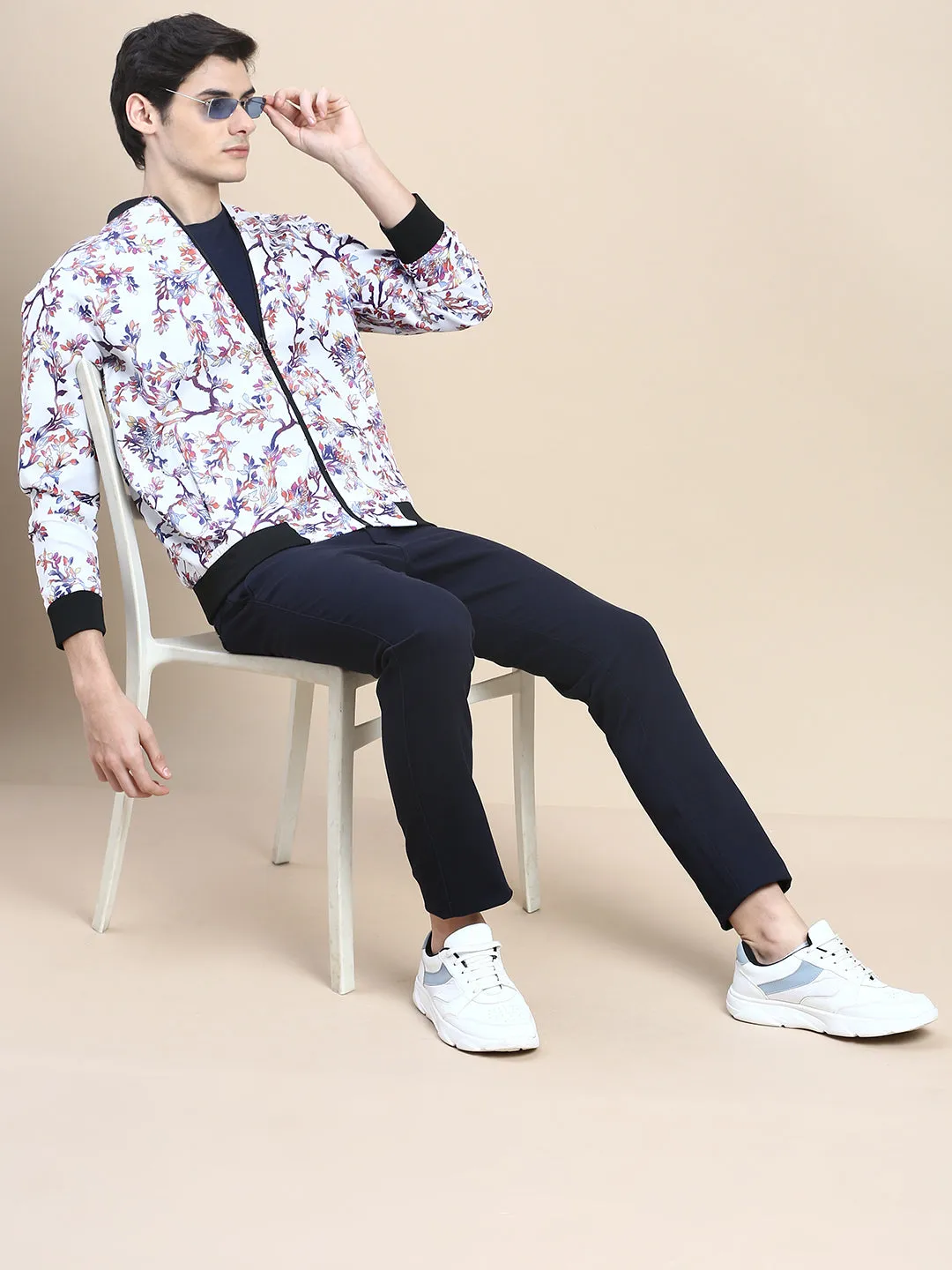 Men White Floral Printed Bomber Jacket