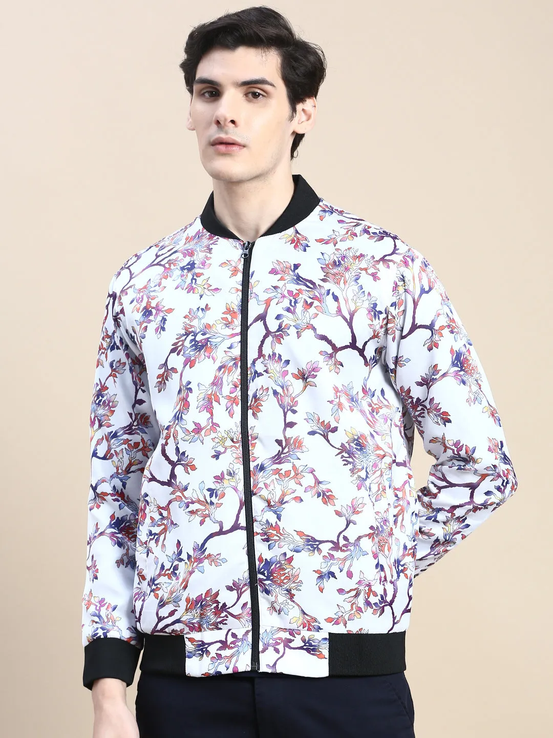 Men White Floral Printed Bomber Jacket