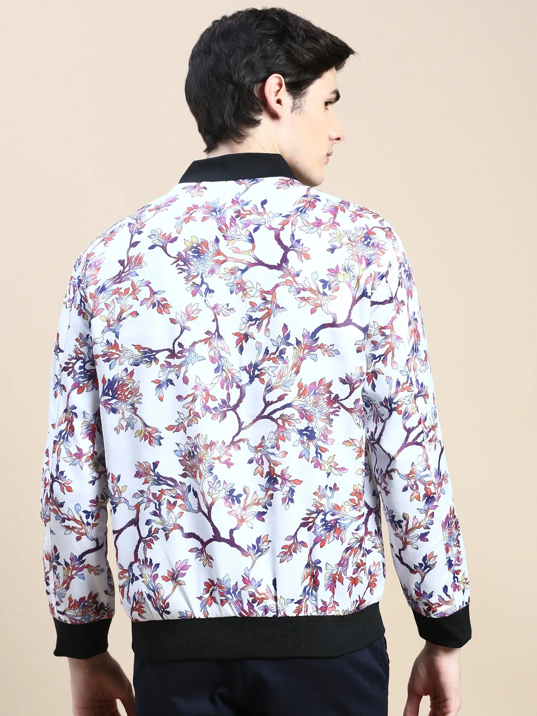 Men White Floral Printed Bomber Jacket