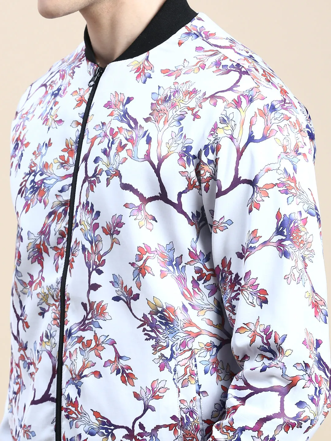 Men White Floral Printed Bomber Jacket