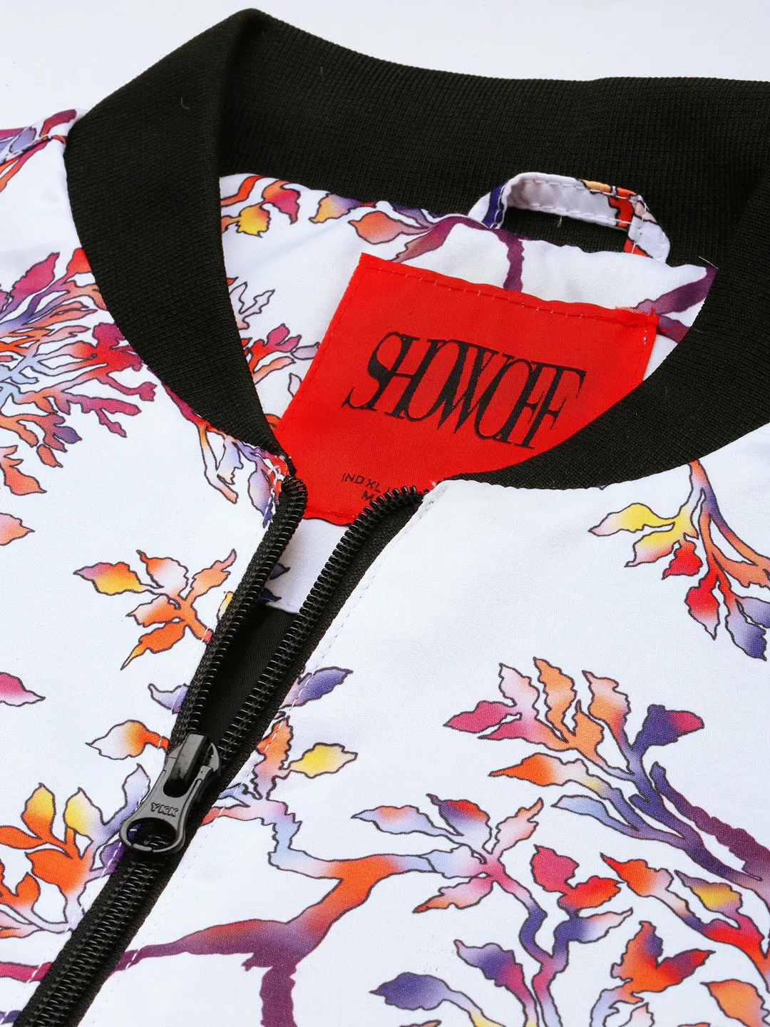 Men White Floral Printed Bomber Jacket