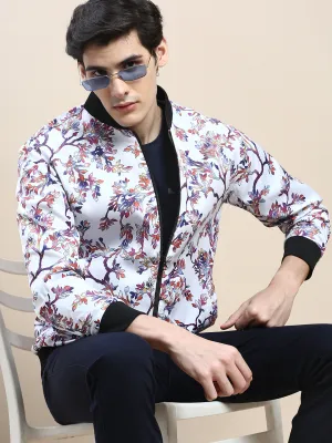 Men White Floral Printed Bomber Jacket