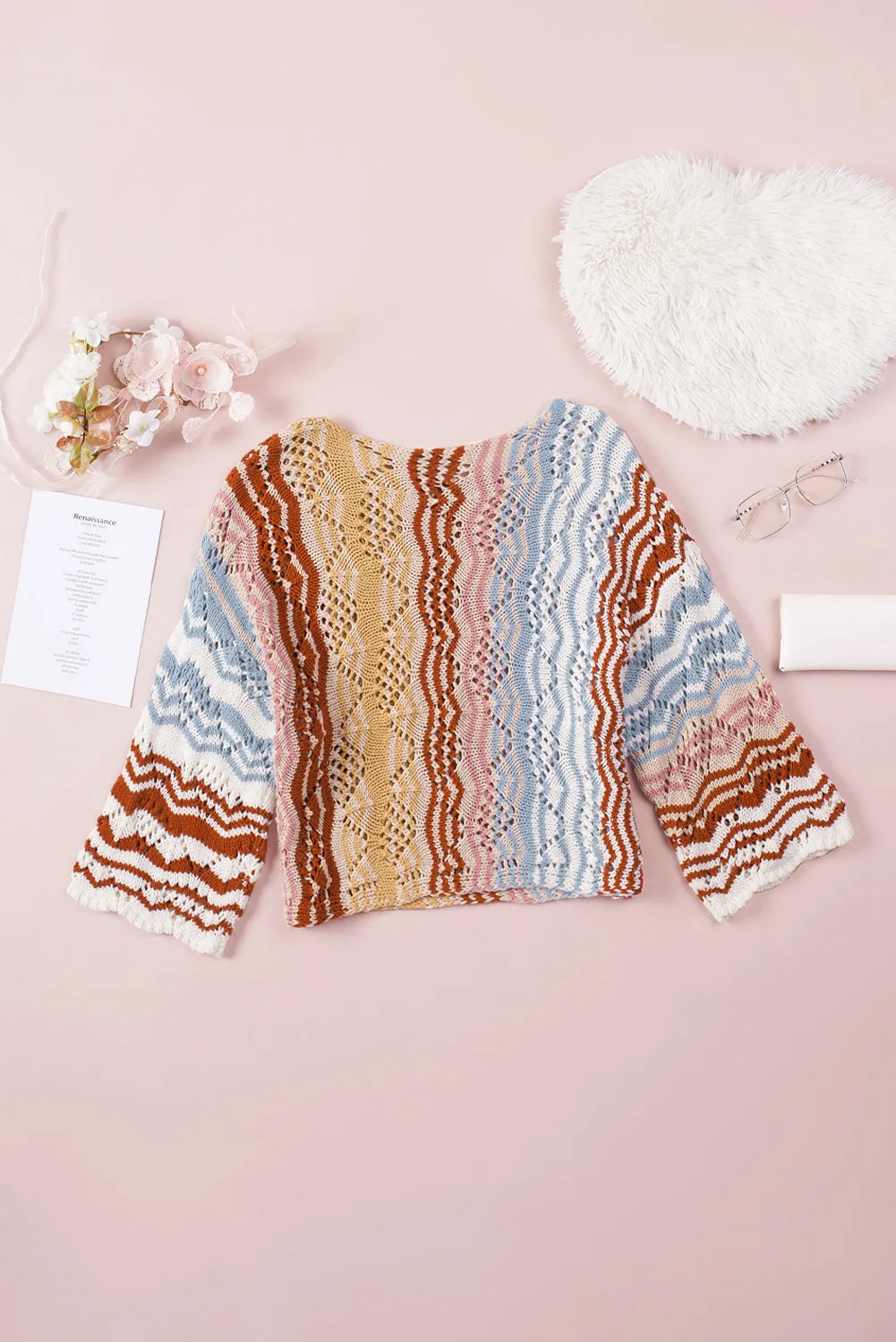 Multicolor Stripe Knit Hollow Out Drop Shoulder Sweater