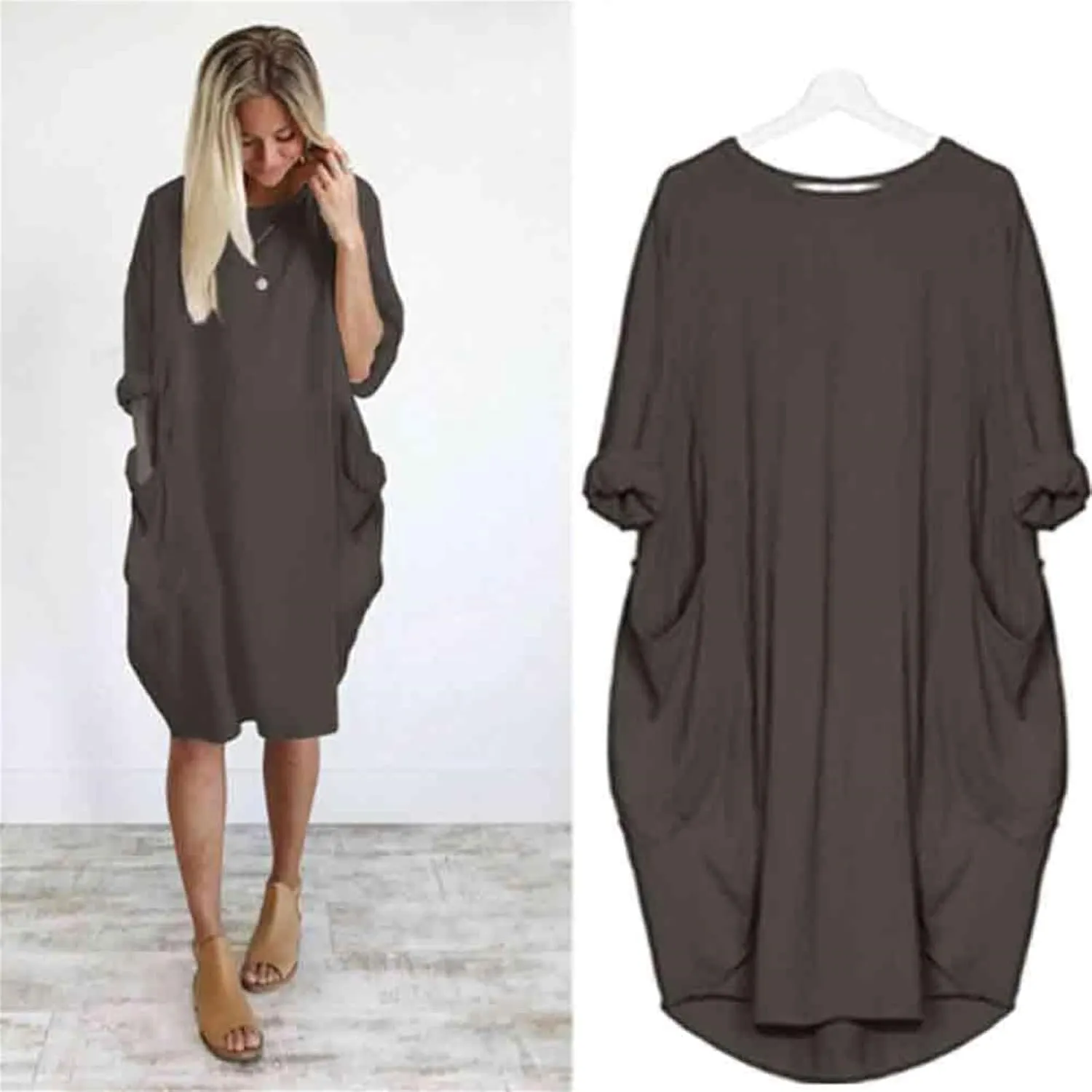Oversize T-Shirts for Women with Pockets Fashion Summer Baggy Long Sleeve T Shirt Solid Basic Tees Top Beach Mini Dress