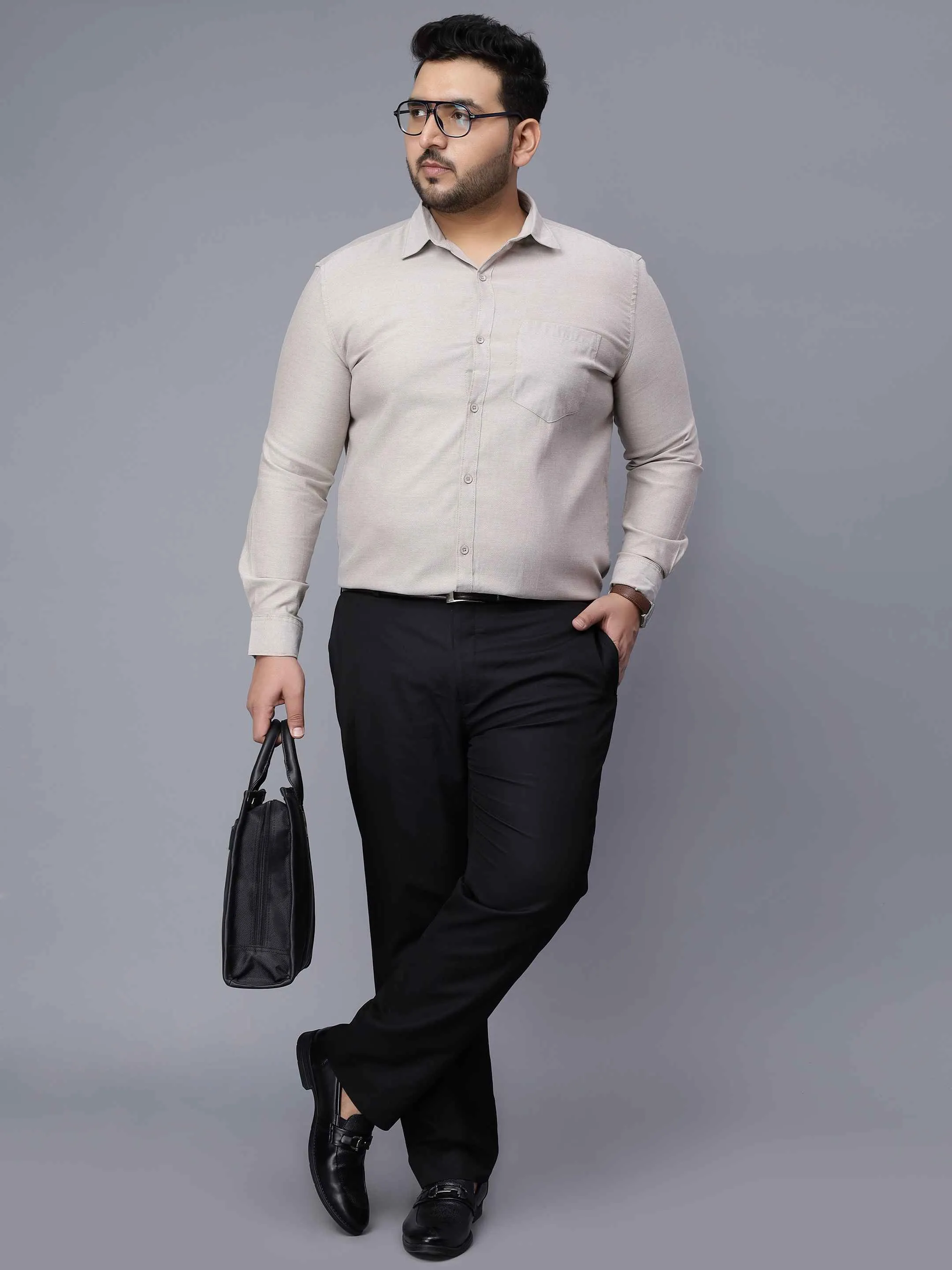 Oxford Cotton Beige Grey Premium Plus Size Shirt