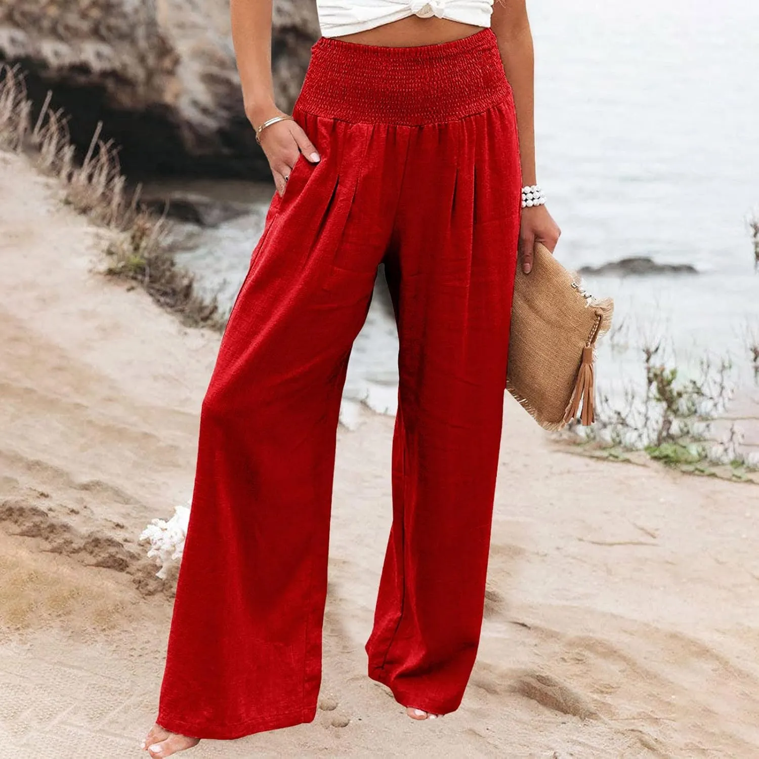 Palazzo Pants for Women Summer Boho Casual Wide Leg High Waist Lounge Linen Pants Beach Travel Vacation Trousers
