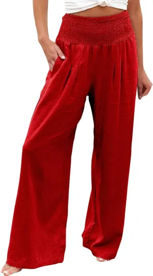 Palazzo Pants for Women Summer Boho Casual Wide Leg High Waist Lounge Linen Pants Beach Travel Vacation Trousers