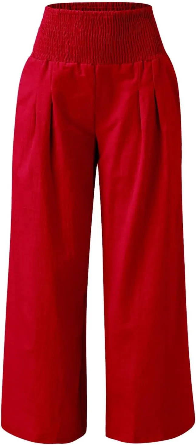 Palazzo Pants for Women Summer Boho Casual Wide Leg High Waist Lounge Linen Pants Beach Travel Vacation Trousers