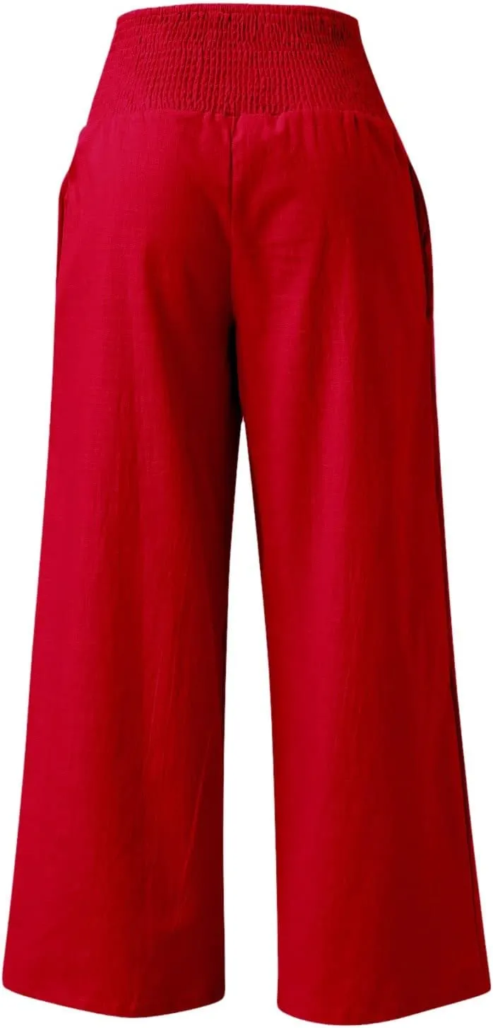 Palazzo Pants for Women Summer Boho Casual Wide Leg High Waist Lounge Linen Pants Beach Travel Vacation Trousers