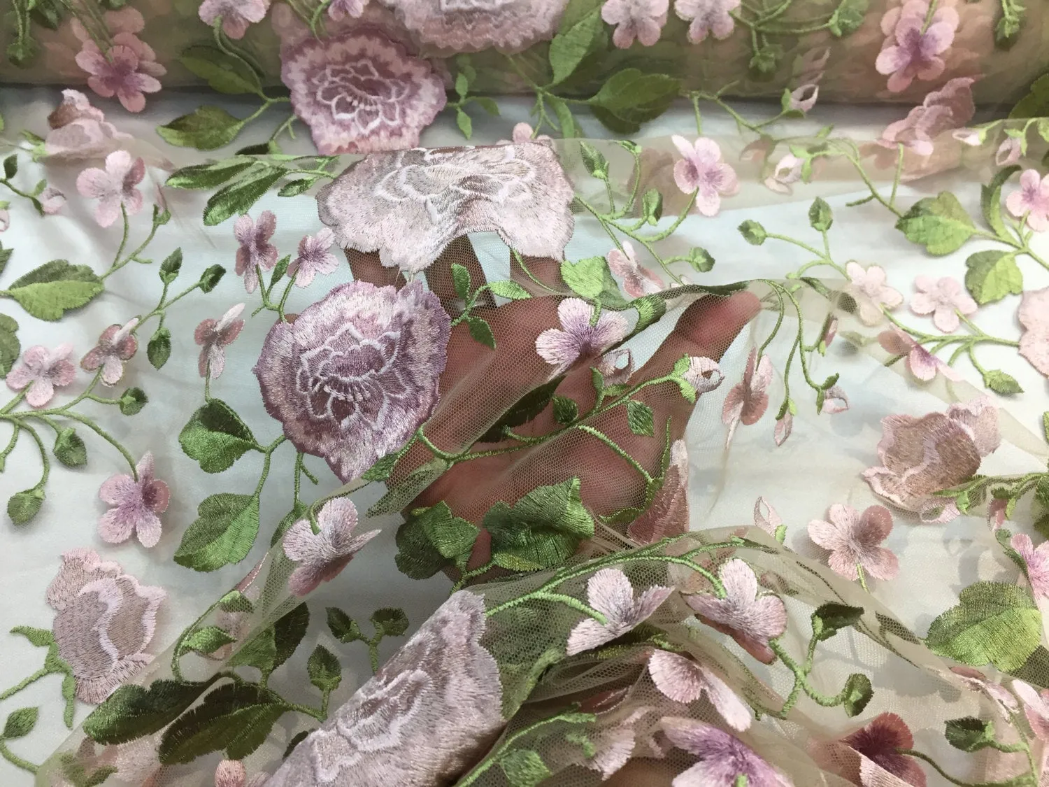Pink multi color flower garden design embroider on a mesh lace-wedding-bridal-prom-nightgown-decorations-Sold by the yard.