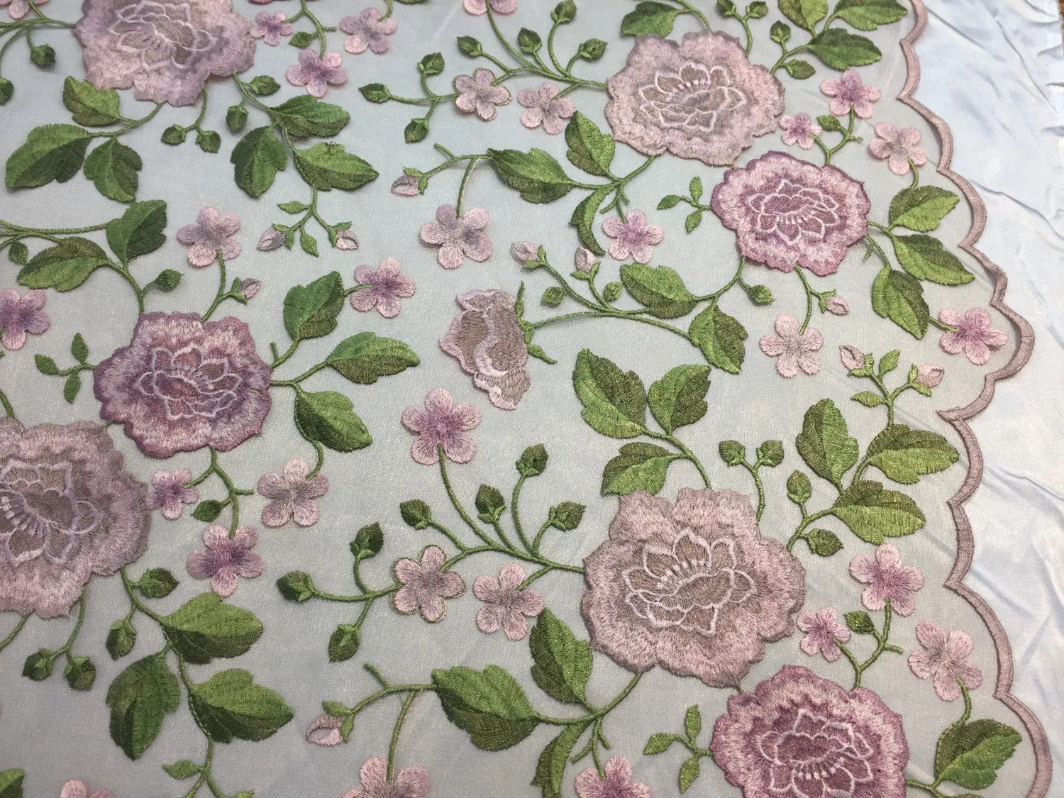 Pink multi color flower garden design embroider on a mesh lace-wedding-bridal-prom-nightgown-decorations-Sold by the yard.