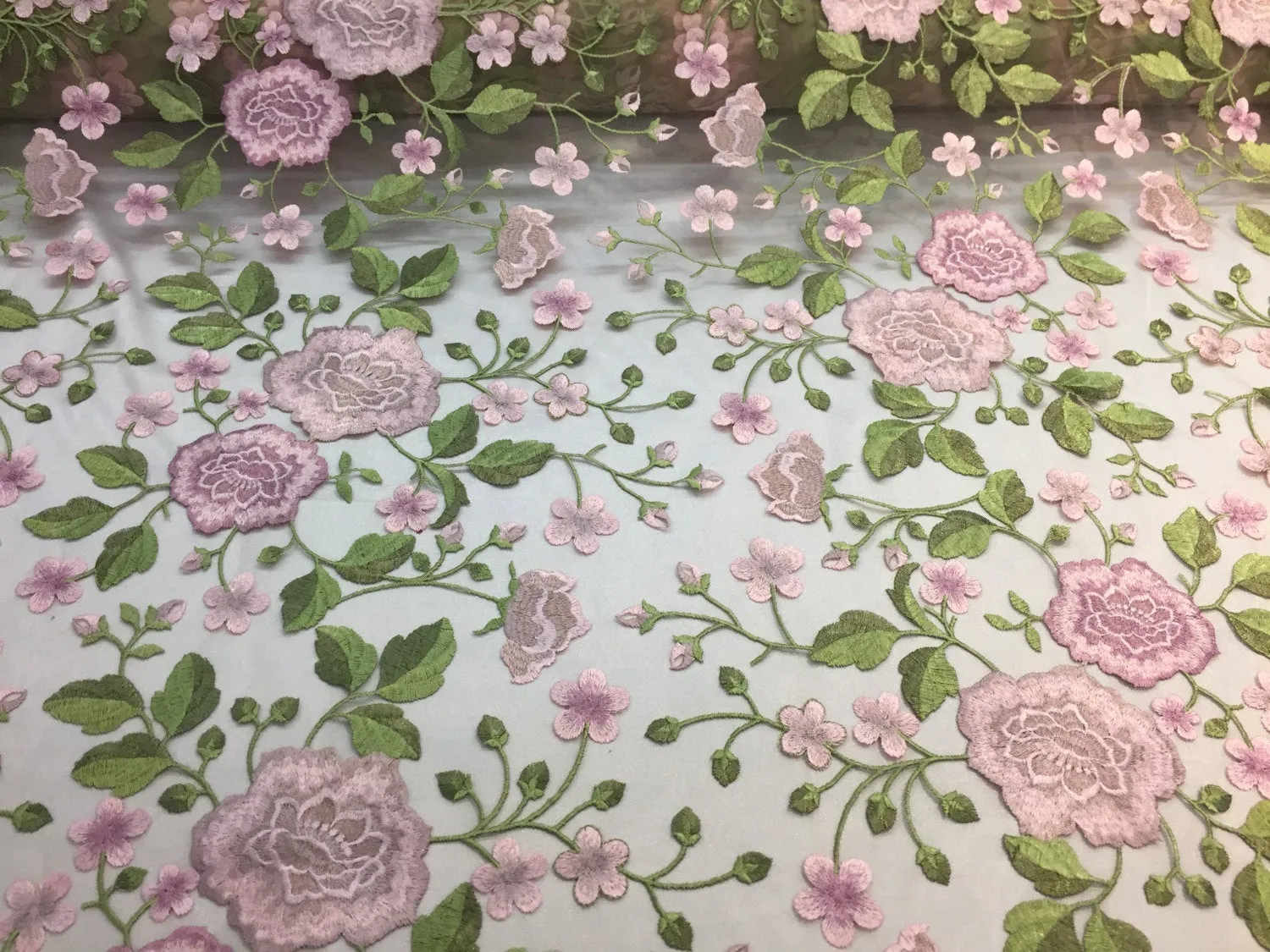 Pink multi color flower garden design embroider on a mesh lace-wedding-bridal-prom-nightgown-decorations-Sold by the yard.