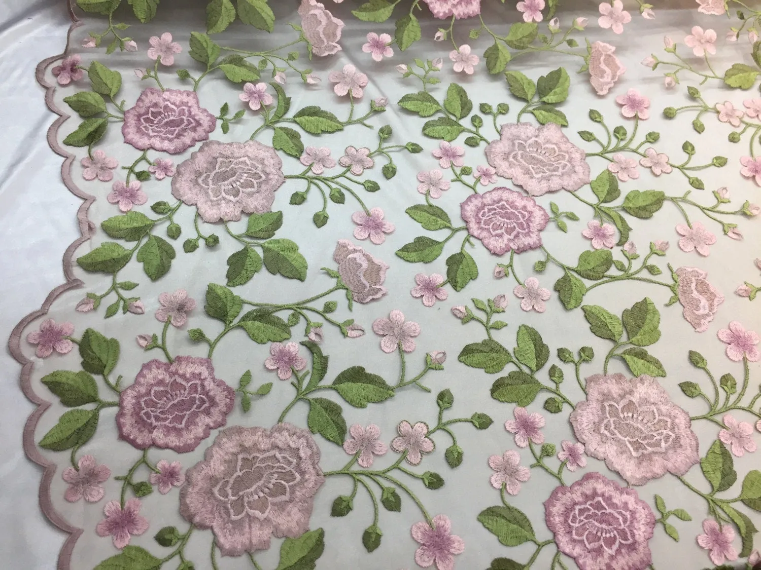 Pink multi color flower garden design embroider on a mesh lace-wedding-bridal-prom-nightgown-decorations-Sold by the yard.